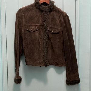 Coldwater Creek Dark Brown Suede Jacket with Faux Fur Trim- Petite Medium